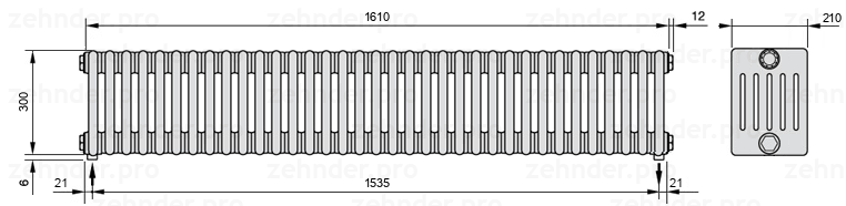 Схема (чертеж) Радиатор Zehnder Charleston 6030/35 №5310 Белый глянцевый RAL 9016